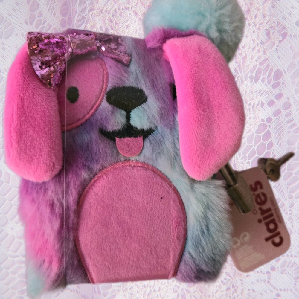 Claire's Plush Mini Pastel Puppy Diary Pen Lock & Key Set Kawaii Journal Kidcore